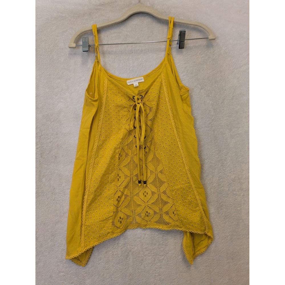 Coco + Jamieson Tank Top Women's S Yellow Lace Up Eyelet Handkerchief‎ Hem Boho
